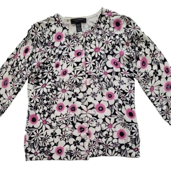 Cable & Gauge Cardigan Sweater White & Pink Flower Rhinestone Looking Buttons - Picture 6 of 9